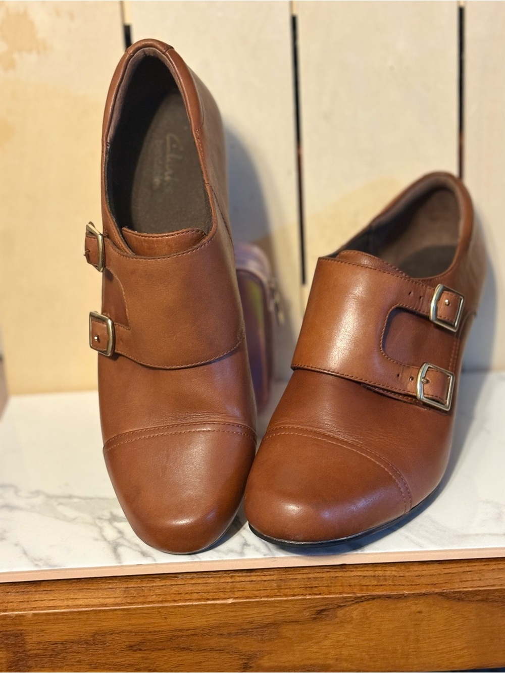 Clarks Women's Double Monk Strap Leather Heels- Cognac Brown